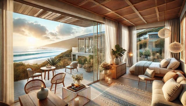 an interior view with an elegant ocean-facing room