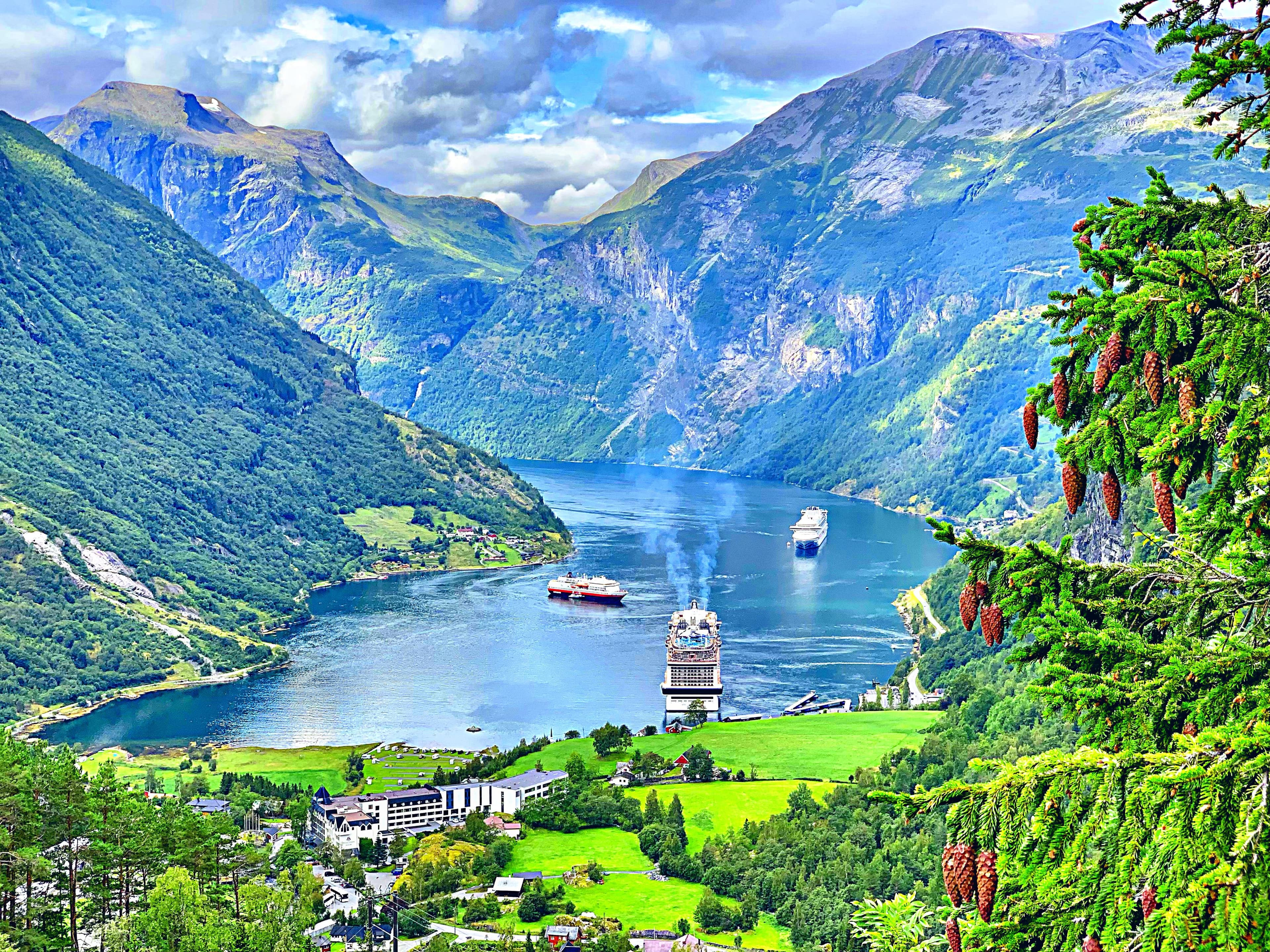 Scenic view of Norwegian fjord from cabin