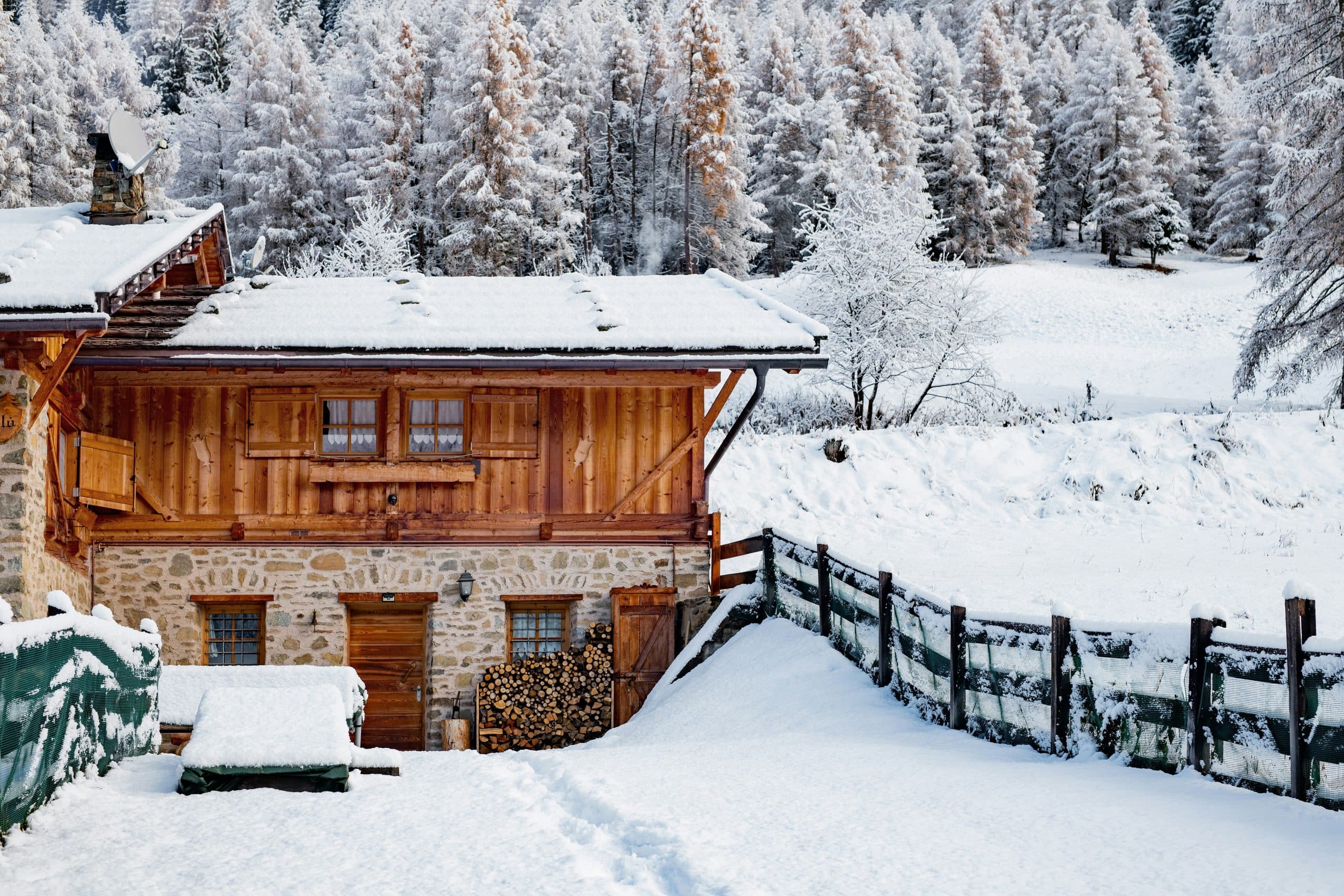 A snowy cabin in the woods